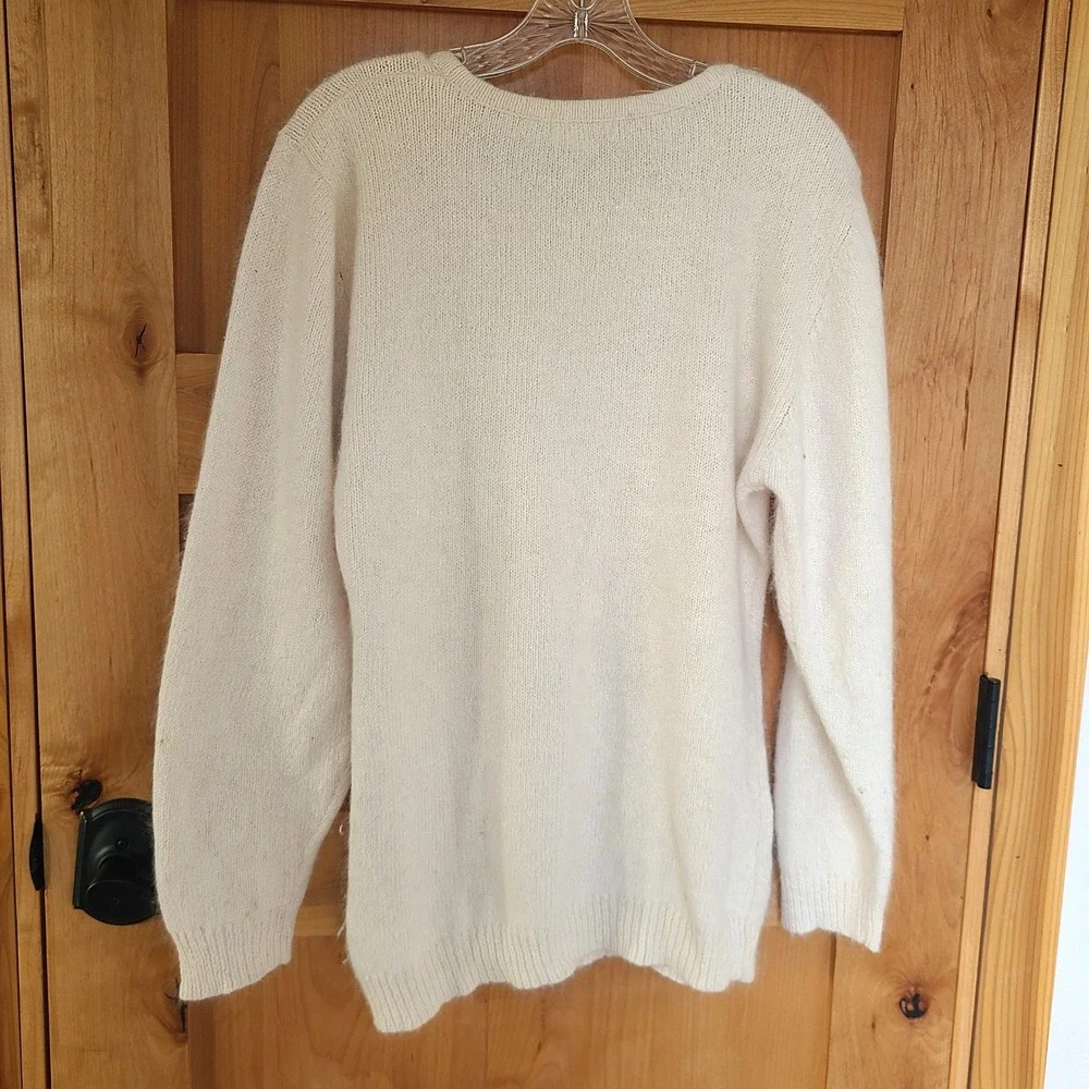Vintage SML Silk Angora Lambs Wool LARGE Cream Sweater Beaded Flower Cottagecore